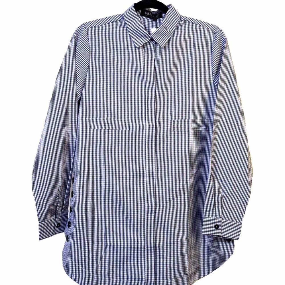 Amazing Gracila Blue & White Gingham Collared Long Sleeve Blouse Size M NWT - Picture 1 of 12